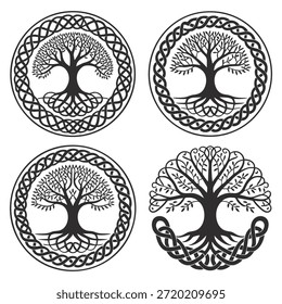Set of four circular Celtic knot tree of life designs, featuring intricate patterns and variations.