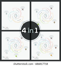 Set of four circular charts with 3, 4, 5 and 6 spiral elements swirling around center, thin line symbols and text boxes. Modern infographic design templates. Vector illustration for presentation.