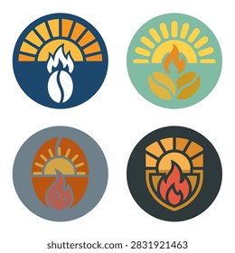 Set Of Four Circular Coffee Roast Icons Featuring Sun And Flame Symbols In Flat Graphic Style