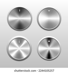 Set of four circular control knobs in a shiny, aluminum, chrome, silver and stainless steel configuration.