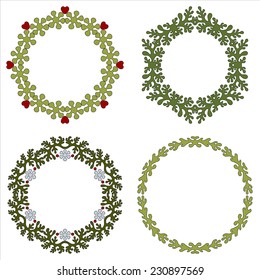 Set of four circular floral frames on white background for your design. Lacy and delicate ornament.
