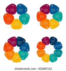Set of four circular flower infographic diagrams with 5, 6, 7, 8 options. Isolated paper sequence banners for tutorial. EPS10 progress steps templates.