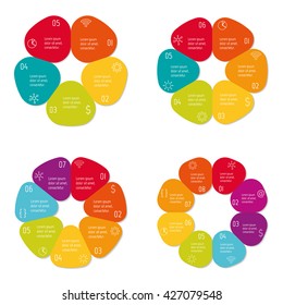 Set of four circular flower infographic diagrams with 5, 6, 7, 8 options. Isolated paper sequence banners for tutorial. EPS10 progress steps templates.
