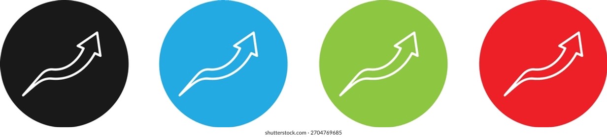 Set of four circular icons featuring a white upward trending arrow graphic in black, blue, green, and red colors, isolated on transparent background