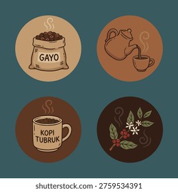 Set of four circular icons featuring coffee-related imagery including a bag of Gayo coffee beans, a teapot pouring coffee, a Kopi Tubruk mug, and coffee plant branches.