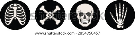 A set of four circular icons featuring human skeletal parts including a rib cage, crossed bones, a skull, and a hand skeleton against a black background.
