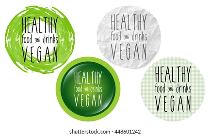 Set of four circular icons with the words healthy, vegan, food, drinks