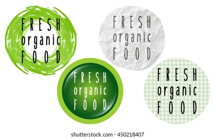 Set of four circular icons with the words fresh, healthy, food