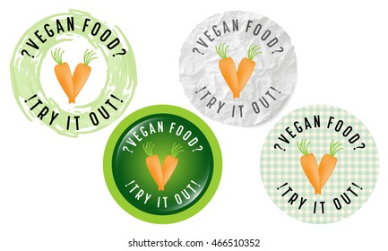 Set of four circular icons with the words vegan food, try it out