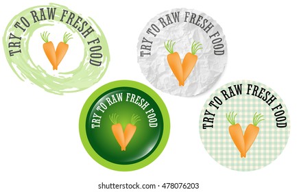 Set of four circular icons with the words try to raw fresh food