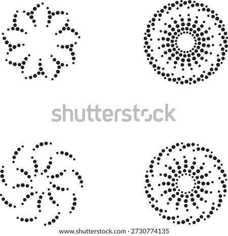 A set of four circular patterns made of dots, arranged in a 2x2 grid on a plain white background