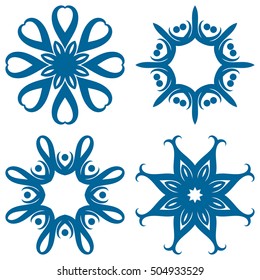Set of four circular patterns or mandalas as a snowflakes. New Year, Christmas, winter design, ice star or snow on isolated background.