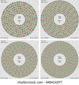 Set of four circular paving tile patterns with a quantitative description data. Vector texture