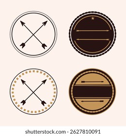Conjunto de cuatro Diseños circulares de estilo retro con flechas cruzadas y bordes decorativos en marrón y beige