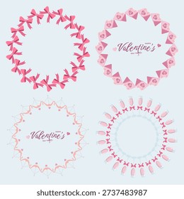 Set of four circular Valentine s wreaths featuring bows, envelopes with heart seals, connected hearts with bows, and champagne glasses, with festive HAPPY Valentine s DAY text inside