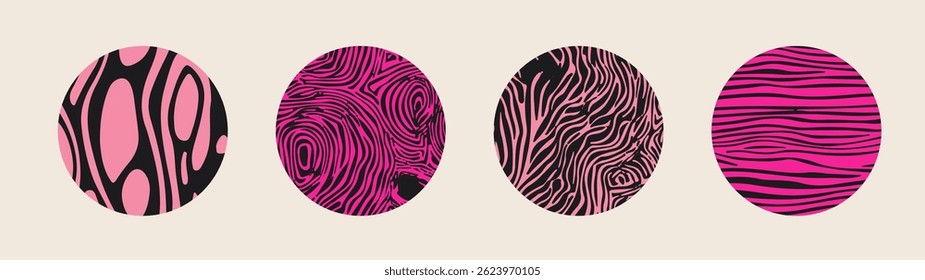 Conjunto de quatro projetos vetoriais circulares com trippy, rosa psicodélico e preto padrões de linha de redemoinho, ideal para arte moderna, cartazes e fundos criativos.