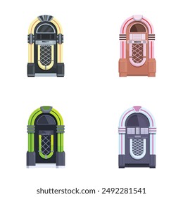 Set of four classic jukebox illustrations in different color schemes on a white background