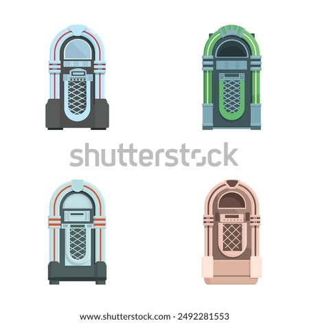 Set of four classic jukebox machines in different color schemes, isolated on a white background