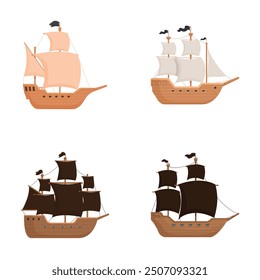 Set of four classic sailing ships on a white background, showcasing different sail designs