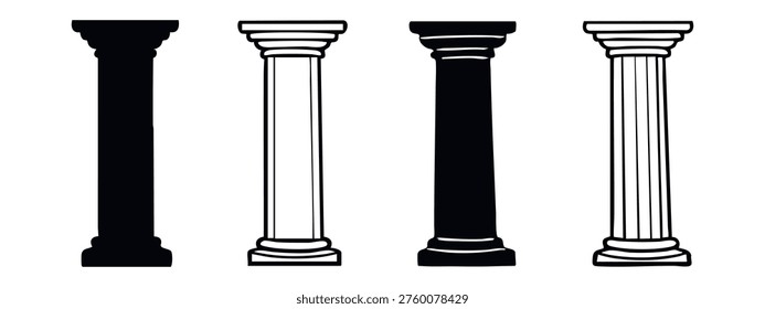 Set of four classical architectural column and pillar icons in black and white, some with fluted details