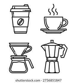 A set of four clean outline icons related to coffee: a to-go cup, a steaming cup and saucer, a pour-over coffee maker, and a moka pot.