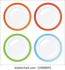 Set of four clean plates with orange, red, green and blue vintage borders