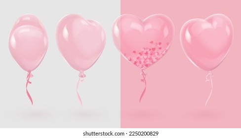 Conjunto de cuatro globos de corazón transparentes y brillantes, de diferentes lados y cintas blancas rosadas, confetti. Ilustración vectorial para tarjeta, fiesta, diseño, volante, afiche, banner, web, publicidad. 