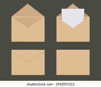 Set of four closed and open light brown envelopes on a white background. Blank, blank sheet of paper with copy space. Isolated objects, mockup, layout. Illustration and vector image. Copy space.