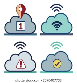 A set of four cloud computing icons featuring different symbols: a location pin with the number 1, a Wi-Fi signal, an exclamation mark in a triangle, and a check mark. Ideal for tech and cloud service