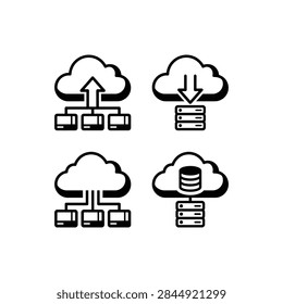 Set of four cloud computing icons illustrating data upload download and database storage concepts