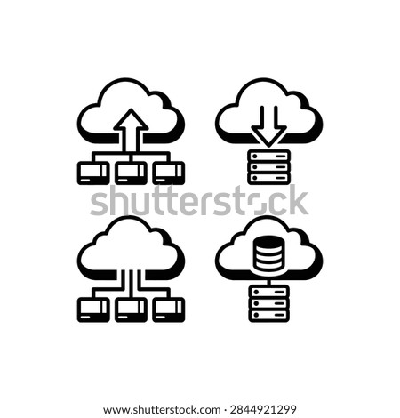 Set of four cloud computing icons illustrating data upload download and database storage concepts