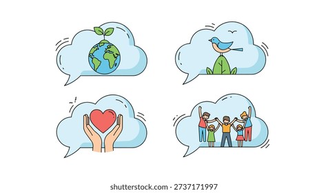 Set of four cloud shaped speech bubbles containing icons for environmental care nature love and social community.