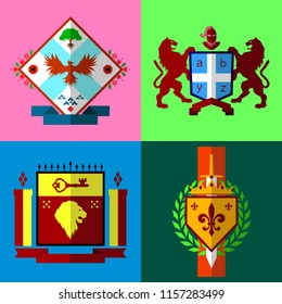 Set of four coat of arms in "low poly" style vector illustration, heraldic emblems
