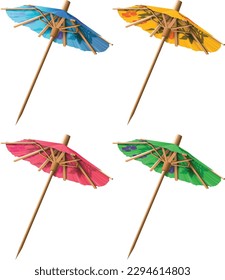 Set of four cocktail umbrellas of different colors on a white background. Highly realistic illustration.