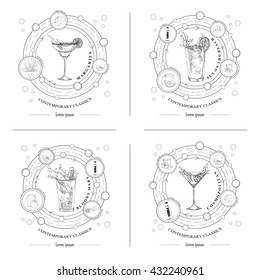 set of four cocktails, with basic ingredients: Margarita, Sex on the beach, Bloody Mary and Cosmopolitan