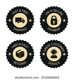 Conjunto de cuatro insignias marrones café "Service Guarantee" con iconos para envío rápido, pago seguro, devoluciones fáciles y excelente Servicio al cliente. Perfecto para el comercio electrónico, marketing y promoción 