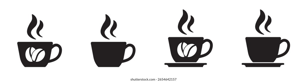 Conjunto de quatro ícones da Xícara de Café isolados no fundo transparente. Grãos de café na ilustração do vetor do projeto da xícara. Xícara de café com ilustração de vetor de vapor. Ícones do Aroma Coffee.