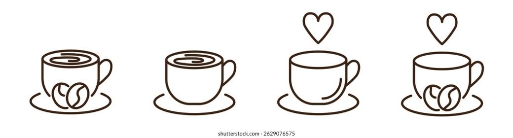 Set of four Coffee Cup linear icons isolated on transparent background. Love coffee icons. Coffee beans, coffee cup design vector illustration. Editable stroke.  