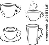 Set of four coffee cups and mugs | line art illustration for simple coloring book