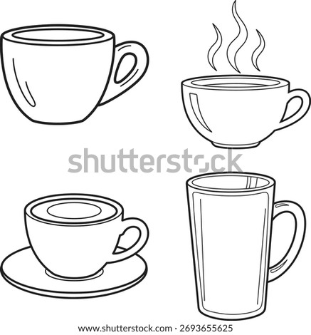 Set of four coffee cups and mugs | line art illustration for simple coloring book