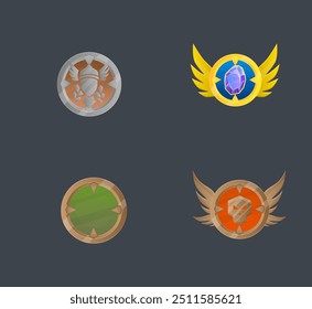 Conjunto de cuatro monedas Medalla Logro Icono Insignia Oro Plata Bronce Juego UI Logo Elemento Metal Aislado Diseño de Vector