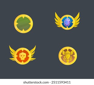 Set Of Four Coin Medal Achievement Icon Badge Golden Game UI Logo Element Metal Isolated Vector Design