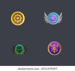 Conjunto de cuatro monedas Medalla Logro Icono Insignia Oro Plata Bronce Juego UI Diseño de Vector aislado