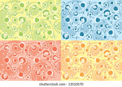 set of four color abstract texture background with curly linear and spot round elements