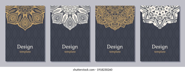 Set of four color cards or flyers with ethnic mandala ornament. Abstract mandala design. Decorative pattern with ornate texture, tribal ethnic oriental motif. Beige, brown color. Vector layout design.