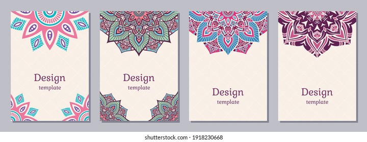 Set of four color cards or flyers with ethnic mandala ornament. Abstract mandala design. Decorative colorful pattern with ornate texture, tribal ethnic oriental motif. Vector layout design.