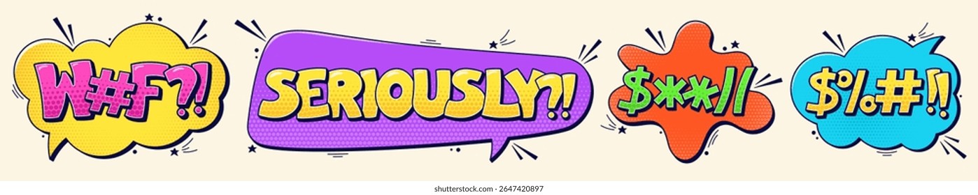 A set of four color dirty speech bubbles with cute dark details all around.