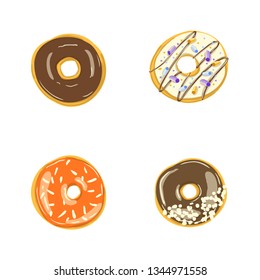 Set of four color donuts isolated. Bakery Vector. Top View doughnuts into glaze for menu design, cafe decoration