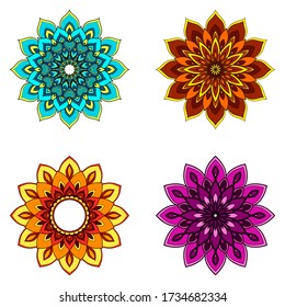 Set of four color ethnic round Mandala ornaments isolated on white background. Henna tattoo design. Vector illustration