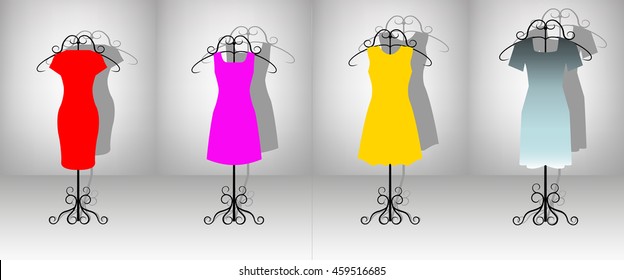 Set of four color female dresses on hanger. 